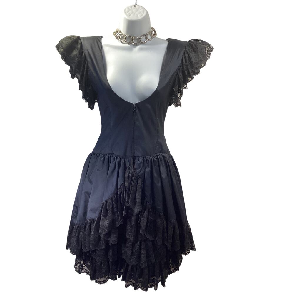 Anthony Muto MOROCI Black Satin Lace Tiered Full Skirt 90's Dress 28w S Gothic